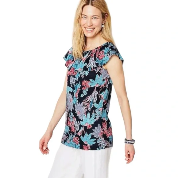 J Jill Sarasa Wide Leg Crop Pant + Ruffle Linen Top Tropical Print Co-or… - Picture 2 of 16